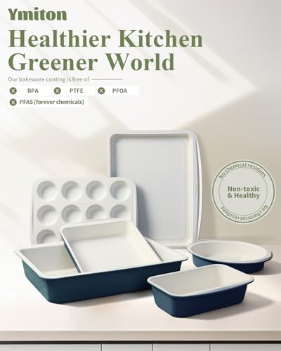 Ymiton Ceramic Nonstick Baking Pans Set, Non Toxic 30 PCS Stackable Bakeware Sets, 550°F Oven Safe Baking Sheet & Pans, Warp-Free, Dishwasher Safe, PTFE/PFOA/PFOS-Free (Blue)