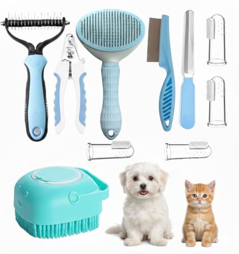 Dog Brush Grooming Kit 10pcs for Shedding, Pet Grooming Kit, Self-Cleaning Slicker Brush, Dematting Rake, Nail Clipper/Trimmer for Dogs,Cats,Rabbits& Small Animals