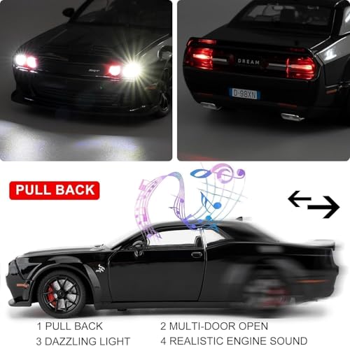 Image of WORSHIPER 1:24 Dodge Challenger SRT Exclusive Alloy Metal Pull Back Die-cast Car Model with Sound Light Mini Auto Toy for Kids for Toy Car with Sound and Light (1:24 Dodge Challenger - Black)