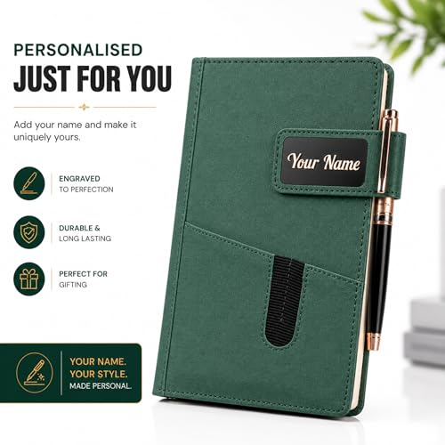 Image of personalised Name Print | A5 Executive Notebook Diary with Mobile Holder, Card Slot & Pen Loop | Premium PU Leather Journal for Office, Meetings & Corporate Gifting | magnetic flap lock