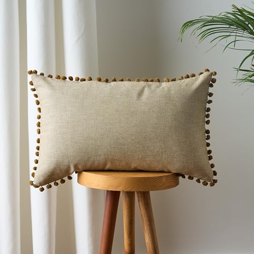 Image of 100% Cotton Pom Pom Cushion Without Filler, Elegant & Modern Cushion Cover for Living Room, Rectangle, 12 inchx20 inch, uni Chambray, Set of 3 - Bronze