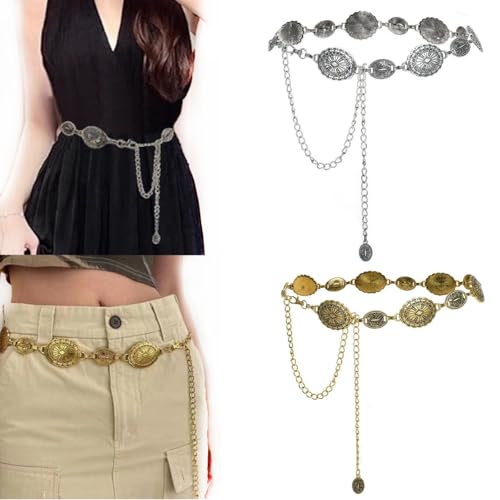 1pc Western Concho Chain Belt for Women Cowgirls Oval Metal Waist Chain Belt Turquoise Chain Belt for Jeans Dress