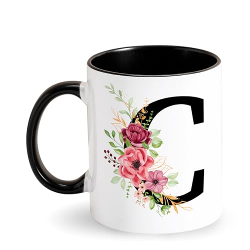 Taza personalizada con diseño de flores, cerámica negra, regalo original para mujer, mamá, amiga para cumpleaños, día de la madre (C)