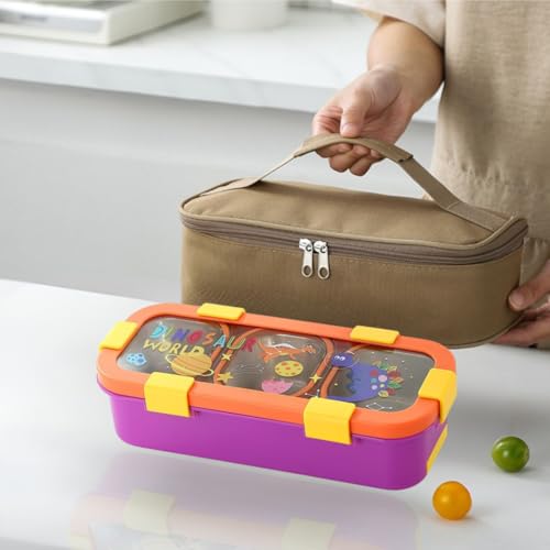 Image of Motka Kids Lunch Box 3 Compartment Combo with Insulated Bag | 600ml Stainless Steel Bento Box for Kids, Leakproof Silicone Seal, Built-in Cutlery, School Travel Food Container - Purple