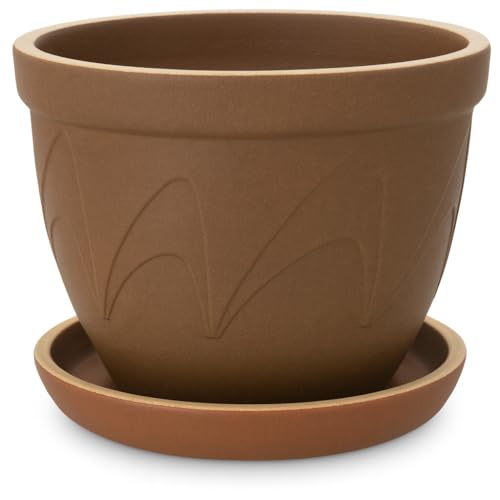 Rustikaler, frostsicherer Blumentopf aus Steinzeug Keramik – Pflanzkübel 20 x 17 cm in Braun mit Untersetzer, wetterfestes Pflanzgefäß für Außenbereich & Innenbereich