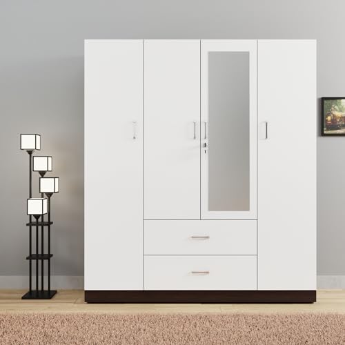 Image of VIKI Wardrobe | Wooden Almirah for Clothes,Door for Bedroom, 4 Door Wardrobe with Drawer, Mirror & Hanging Space (Dark Wenge, Frosty White - 40D x 160W x 180H) | 1 Year Warranty | Free Assembly