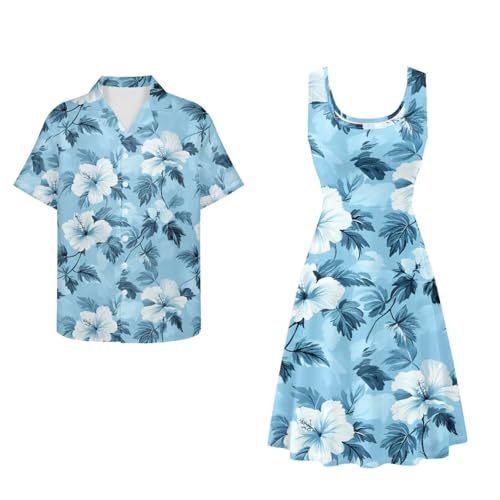 Image of Dreaweet Summer Dresses for Women A-Line Sleeveless Flowy Sun Dresses,Men's Casual Button-Down Shirts,Couple Matching Outfits