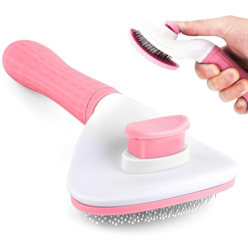 Qaestuan Spazzola per Cani e Gatti, Spazzola Cani Autopulente per Animali Domestici, Prise Ergonomique, un Pulsante Rimuovere i Peli, Togliere Eccesso e Morti Peli Animali (Rosa)