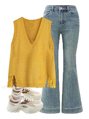 MakeMeChic Women's Fringe Hem Sweater Vest Sleeveless V Neck Loose Knitted Tank Top3