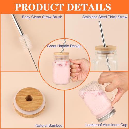 Magicsky Mason Jar Cups with Handles, Vintage 16 oz Glass Iced Coffee Cup with Bamboo Lids and Straws, Pint Drinking Jars Mug for Smoothie, Cold Drinks, Juice, Party Beverages, Set of 4 - Image 6
