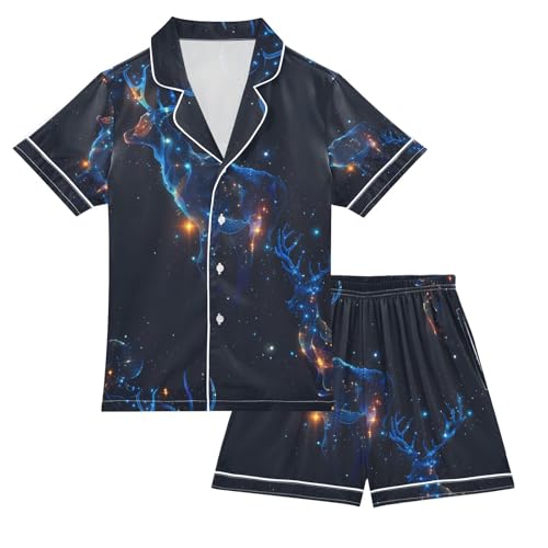 senya A Deer Of Starry Sky Satin Summer Pajama Sets Silk Short Sleeve Button Down Sleepwear