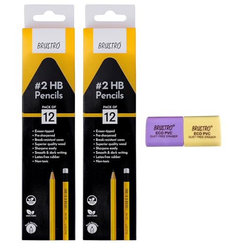 Image of BRUSTRO 2 HB Extra Dark Pencil with Eraser Tip 12 Pencils X 2 Pack (Total 24 Pencils) ECO PVC Dust-Free Eraser (Pack of 2)