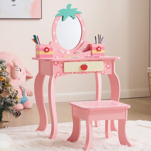 Image of Princess Vanity Table with Lights,Princess Makeup Vanity Desk with Storage Drawer, 2 in 1 Vanity Table & Chair Set with Mirror for Girls (Style 1-Pink)