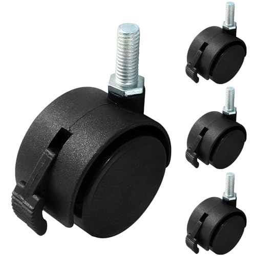Unlorspy 4 Pcs 1.5 Inch Black Plastic Swivel Caster Wheels,M8 Threaded Stem Caster Wheels Replacement for Chair Furniture (with Locking Brakes,M8 x 20mm Threaded)
