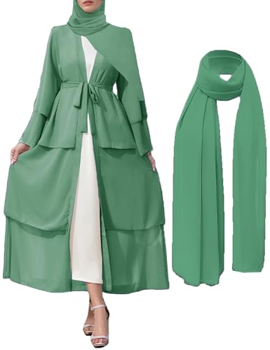 APRROOT Muslim Abaya Dress for Women Modest Muslim Robe Long Sleeve Open Front Cardigan Islamic Dubai Outfits with Hijab Belt