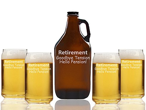 Retirement Goodbye Tension Hello Pension Beer Amber Growler and Can Glasses (Set of 5)