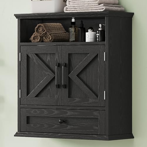 Image of Bathroom Wall Cabinet, Wall Mounted Medicine Cabinet 24.4 inchH x 23.6 inchW x 9 inchD | With Drawer, Barn Doors & Adjustable Shelf, Black Over Toilet Farmhouse Storage Cabinet for Kitchen, Laundry Room, Entryway