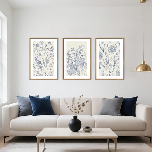 Image of KAIRNE Navy Blue and White Floral Framed Canvas Wall Art Set,Chinoiserie Flower Wall Decor,Watercolor Botanical Art Prints,Modern Wildflower Artwork for Living Room,Bedroom,Farmhouse,Office-16 x24 x3