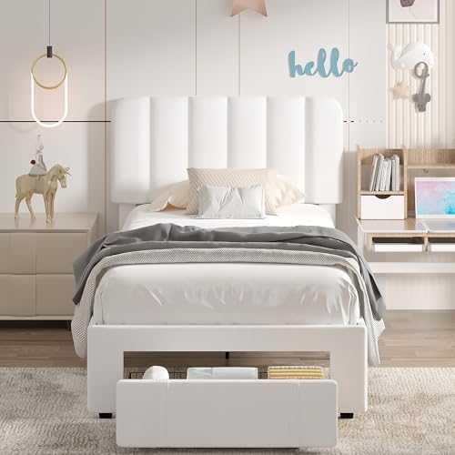 Image of VECELO Twin Size Upholstered Bed Frame with Drawer and Headboard, Velvet Platform Storage Bedframe, Wooden Slats Support, No Box Spring Needed, White