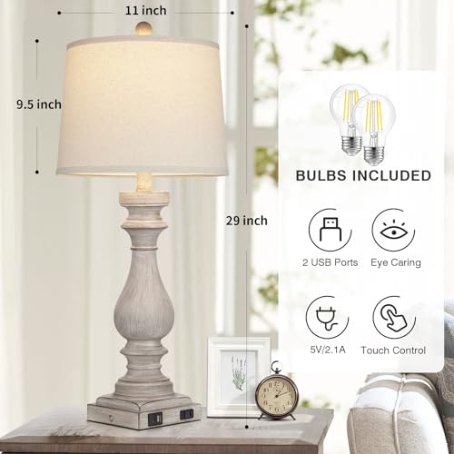 29" Farmhouse Table Lamp for Living Room Set of 2,Vintage Bedside Lamps with USB C+A Ports & AC Outlet,3-Way Dimmable Touch Control Gray Washed Finish Nightstand for Bedroom,Gray