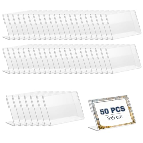Soporte de Etiquetas de Acrílico, 8 x 5 cm, 50 Piezas Soporte de Etiquetas de Precio, Expositor de Mesa, Soportes para Tarjetas de Nombre, para Oficinas, Comercios, Supermercados, Restaurantes