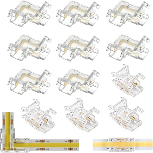 TenaLucy 12 Pezzi Mini Connettore LED COB Tipo L 2 Pin 10mm Connettore Striscia Led Senza Saldatura Connettore Angolare per Monocolore Strisce LED COB 12V 24V