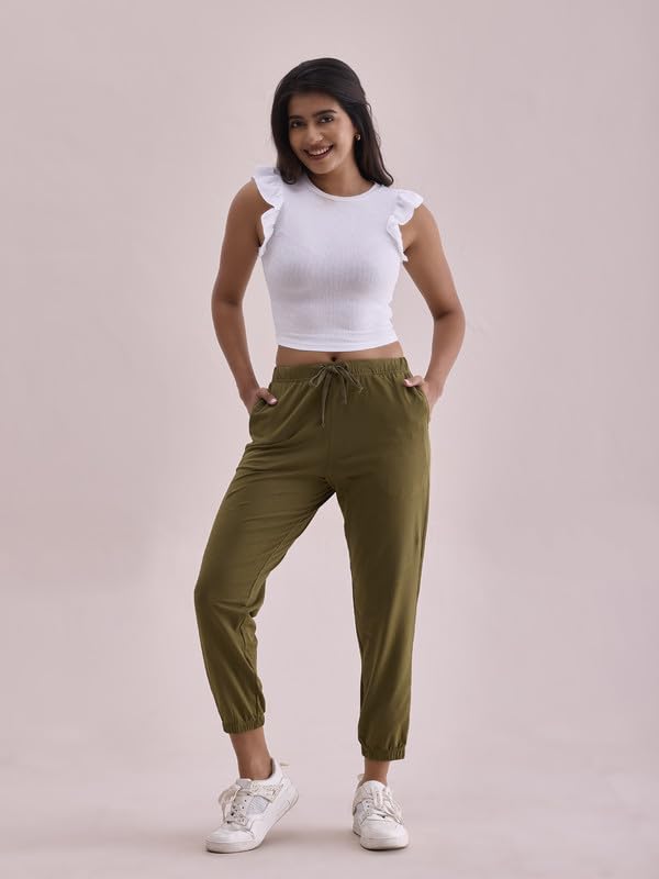 Image of GO COLORS Cotton Stretch Casual Joggers Full Length for Women| Mid Rise