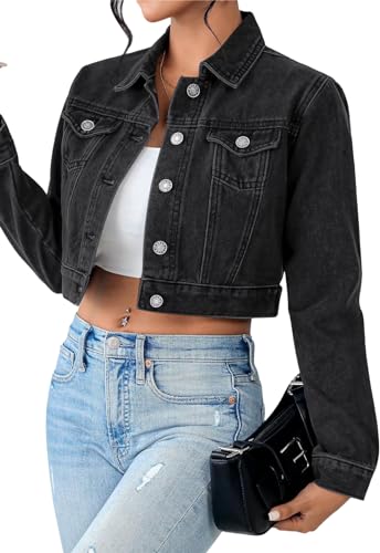 Women's Cropped Denim Washed Distressed Button Down Long Sleeve Jean Jacket Coats