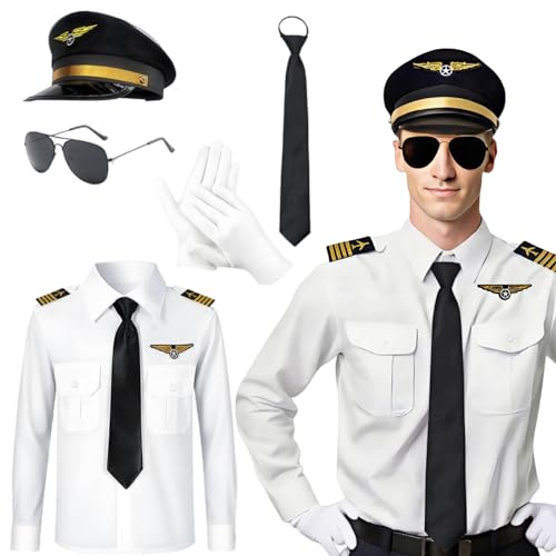 Boyigog Disfarce de piloto para adultos, uniforme de capitão, camisa de piloto, acessório de vestido com chapéu, óculos de sol, luvas, Halloween, carnaval, cosplay, fantasia de capitão, festa