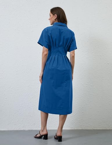 Image of Women Striped Button Down Shirt Maxi Dresses Summer Pleated Short Sleeve Collar Casual Corset Long Dress