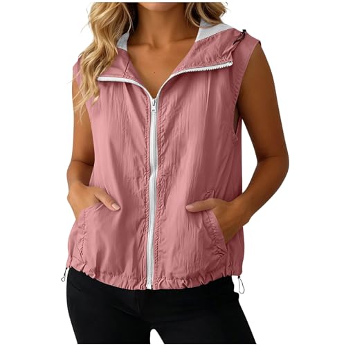 Generisch Weste Damen Sommer Jacke Leicht Sommerweste Ärmellose Sommerjacke mit Kapuze Damenwesten Stehkragen Sportweste Outdoor Sportjacke Dünne Kapuzenjacke Rosa L