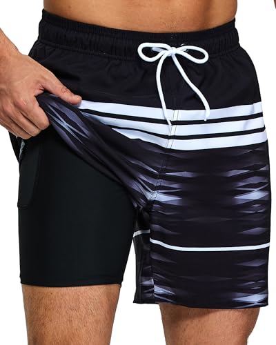 Image of Mens Swim Trunks Compression Liner No Mesh Swimming Trunks Men Swimwear Quick Dry Above Knee Zipper Pocket Swim Shorts