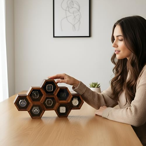 Image of Vintage Wooden Watch Box for Men, Timepiece Display Case, Honeycomb Watch Storage & Organizer, Jewlery Box for Women, Anniversary Gift For Husband (8 Compartments)