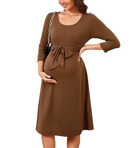 YesFashion Damen Umstandskleid Herbst 3/4 Ärmel Rundhalsausschnitt Schwangerschaftskleid mit Gürtel Elegant Stillkleid Leichte Umstandsmode...