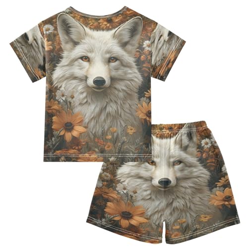 ALAZA White Fox Flower Floral Print Pajamas Set Short Sleeve Cotton Sleepwear Summer Pjs 2 Piece 5-14Y2