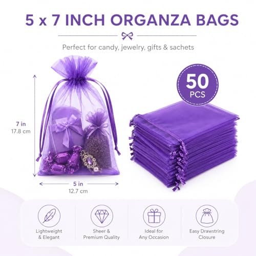 Image of Hopttreely Purple Organza Bags 5x7in, 50PCS Sheer Drawstring Gift Bags, Sheer Mesh Jewelry Pouches, Lavender Wedding Party Festival Gift Bag Candy Pouches for Mother's Day, Holiday Gifts, and Craft Fairs