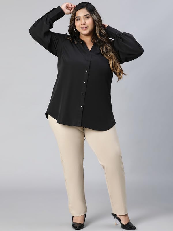 Image of oxolloxo Women Plus Size lace Detailed Collared Long Sleeve Shirt