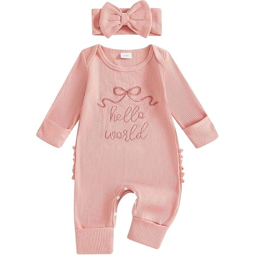 Lehoso Newborn Baby Girl Clothes Long Sleeve Crew Neck Letter Embroidery One Piece Romper Jumpsuit Infant Fall Winter Outfit (Dusty Pink, 6-12 Months)