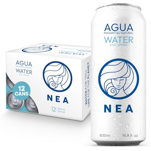 NEA Agua Mineral Natural Enlatada - Agua de Manantial Premium en Latas de Aluminio Sostenible - Sin Plástico Sin BPA 500ml (1 Caja - Pack de 12)