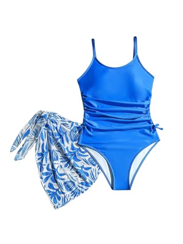 Milumia Girl's Spaghetti Strap Bowknot One Piece Bathing Suit with Cover Up Skirt