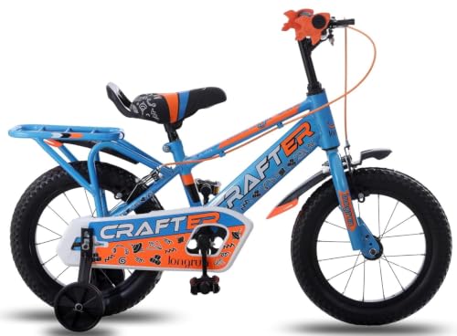 Image of longrun Crafter 14T Kids Bicycle for 2-5 Years with Training Wheels | 95% pre-assembled, adjustable seat, easy 4-step setup, sturdy steel frame front & rear mudguards for boys & girls.