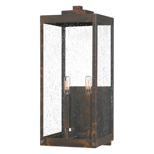 Image of Quoizel Westover Modern Wall Sconce, 22.75 Inch Industrial Bronze 2-Light Outdoor Light Fixture, Clear Seeded Glass Wall Lantern, 60 W, Industrial Design Wall Light for Porch, Patio, Gazebo or Yard