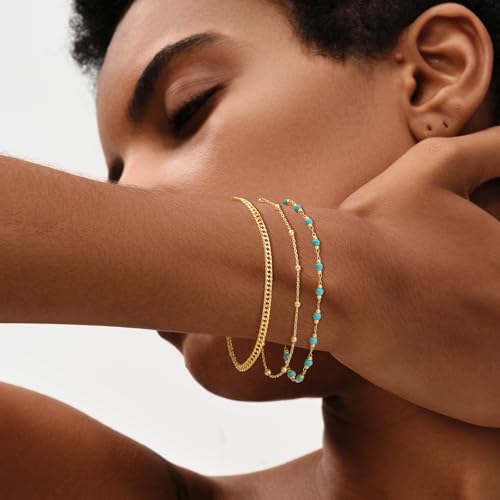 MEVECCO Gold Round Turquoise Beaded Bracelets,14K Gold Plated Handmade Cute Dainty Bracelet for Women2