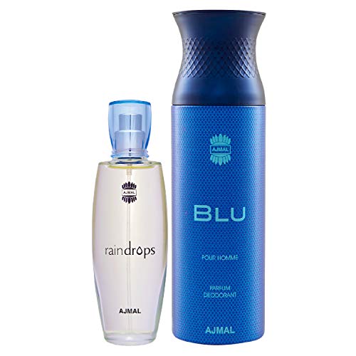 Image of Ajmal Raindrops EDP Floral Chypre Perfume 50ml for Women and Blu Homme Deodorant Aquatic Woody Fragrance 200ml for Men+1 Parfum Tester
