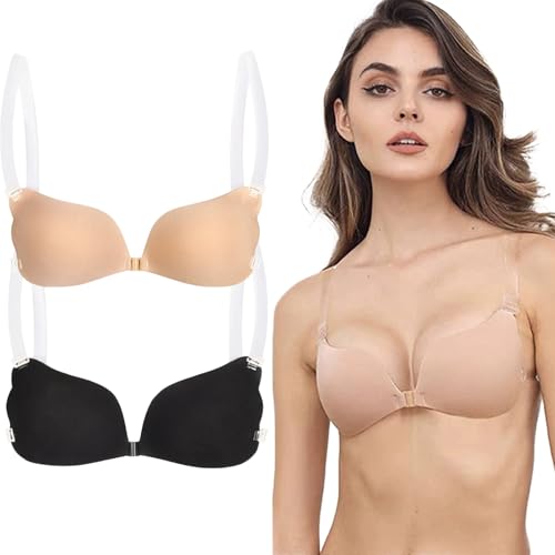GWAWG 2Pack Sticky Push Up Bra with Removable Clear Straps Invisible Reusable Self Adhesive Bra for Women Backless Strapless for Wedding Evening Party Dresses