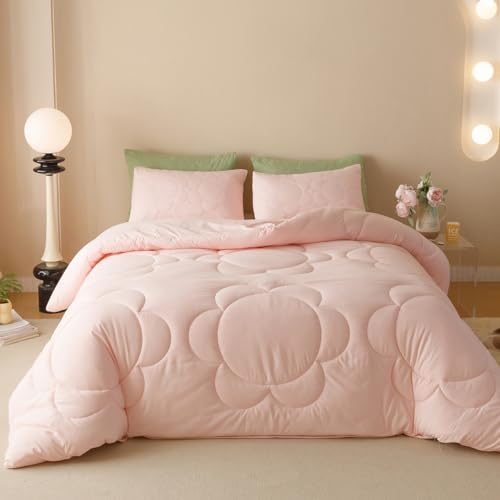 Image of KAREVER Pink Flower Comforter Full Pink Sunflower Print Bed Full Comforter Set 3 Pieces Dark Pink Floral Comforter Set for Boys Girls Teens Bedroom Decor All Season Hotel Quality Comforter Set