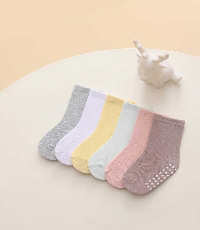 Image of JAKIDAR 12 Pack Baby Socks Cotton Crew Toddler Socks Grips Non Slip Bottom Kids Socks