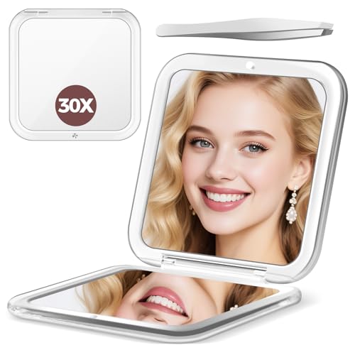 MOMOKUBA espejo de aumento 30x, espejo cosmético plegable, 8 x 8 cm, ampliación manual, color blanco