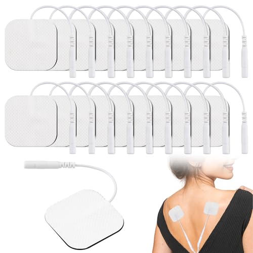 Set de 20 Electrodos para TENS, Electrodos de 4 x 4 cm Parches Adhesivos Cuadrados, Parches Electroestimulador Reutilizables y Autoadhesivos con Conector Pin de 2 mm, Parches para TENS y EMS