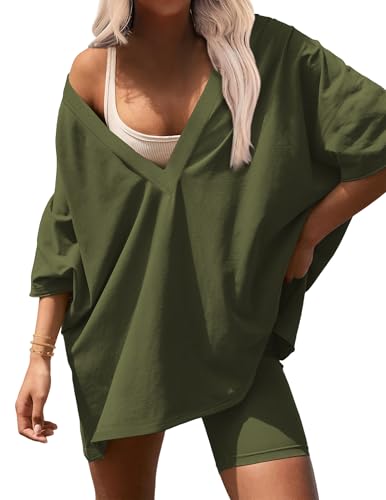 Image of Ekouaer Womens 2 Piece Lounge Set 2025 Summer Outfits Oversized V Neck Tshirts Biker Short Comfy Airport Loungewear